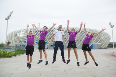 Ballkids Louis Anceau, Paul Besse, Gaelle Mangin, Camille Galloy, and Alexandre Gardon at the Wuhan Open 2018